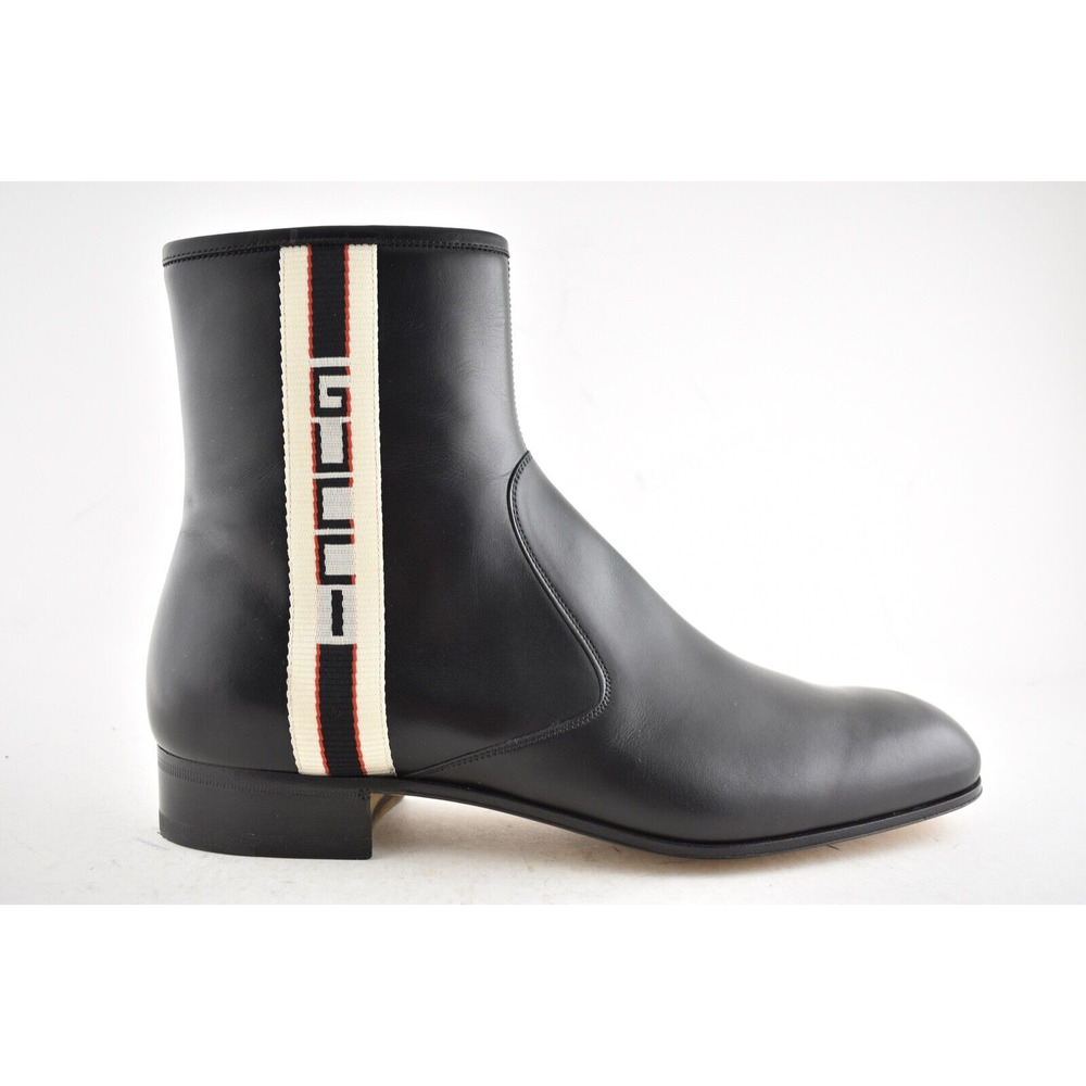 Gucci Mens Bonny Black Leather White Red Web Logo Chelsea Zipper Boots G 8 9 - Picture 3 of 12